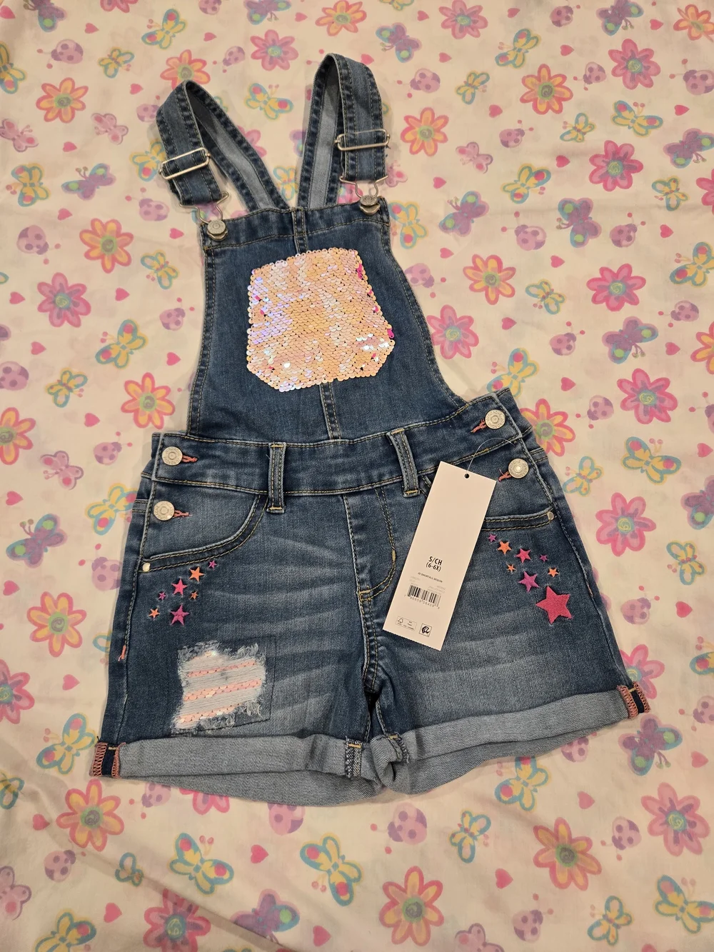 *Jordache* Girls Denim Overall Shorts with Star Embroidery & Sequin Details